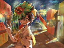 Rule 34 | 1boy, black hair, blush, candy apple, creatures (company), festival, food, game freak, hair between eyes, hasu (2157hasu), highres, japanese clothes, kieran (pokemon), looking at viewer, male focus, market stall, mask, mask on head, mask over one eye, mole, mole on neck, multicolored hair, night, nintendo, open mouth, outdoors, pointing, pokemon, pokemon sv, purple hair, solo, stairs, yellow eyes