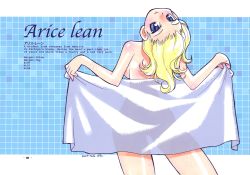 Rule 34 | 1girl, blonde hair, blue eyes, blush, body blush, character name, character profile, cowboy shot, english text, engrish text, highres, holding, holding towel, long hair, looking at viewer, naked towel, official art, page number, ranguage, see-through silhouette, smile, solo, stats, towel, wet, yoshizaki mine