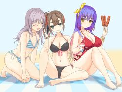 Rule 34 | 3girls, :d, ^ ^, bare arms, barefoot, beach, bikini, black bikini, blanket, blue hair, blue nails, blunt bangs, blush, bracelet, breasts, brown hair, center-flap bangs, cleavage, closed eyes, closed mouth, collarbone, commentary request, curvy, day, eyelashes, facing away, food, front-tie bikini top, front-tie top, frown, full body, gradient hair, green eyes, grey hair, grin, gyaru, hair ornament, hairclip, halterneck, hands up, head tilt, jewelry, jitome, kinoshita kaede, knee up, kneeling, knees up, kogal, kohibari kurumi, large breasts, leaning forward, legs together, long hair, looking at another, looking to the side, medium breasts, medium hair, multicolored hair, multiple girls, nail polish, official alternate costume, official alternate hairstyle, one-piece swimsuit, open mouth, orange hair, outdoors, pink hair, pink nails, pink ribbon, purple nails, red one-piece swimsuit, ribbon, sausage, shaved ice, shiraishi chika, shirayamakoma, side-by-side, side-tie bikini bottom, side ponytail, simple background, sitting, small breasts, smile, striped bikini, striped clothes, sweatdrop, swimsuit, tenshi souzou re-boot!, thighs, tiptoes, toenail polish, toenails, two-tone hair, very long hair, yellow eyes, yellow nails