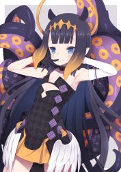 Rule 34 | 1girl, arashiya, armpits, bare shoulders, black dress, black gloves, black hair, blue eyes, blush, breasts, brown hair, closed mouth, commentary request, detached sleeves, dress, feathered wings, gloves, gradient hair, grey background, halo, hands up, highres, hololive, hololive english, long hair, long sleeves, low wings, mole, mole under eye, multicolored hair, ninomae ina&#039;nis, ninomae ina&#039;nis (1st costume), pointy ears, sidelocks, single detached sleeve, small breasts, smile, solo, standing, strapless, strapless dress, suction cups, tentacles, two-tone background, very long hair, virtual youtuber, white background, white sleeves, white wings, wings