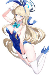 Rule 34 | 1girl, animal ears, arm up, bare shoulders, blonde hair, blue archive, blue bow, blue eyes, blue footwear, blue hair, blue hairband, blue leotard, blush, bow, braid, breasts, collar, collarbone, commentary, detached collar, earpiece, fake animal ears, fake tail, hair bow, hairband, halo, headset, high heels, highres, large breasts, leotard, long hair, looking at viewer, multicolored hair, playboy bunny, rabbit ears, rabbit tail, ririko (zhuoyandesailaer), shoe soles, shoes, simple background, solo, strapless, strapless leotard, streaked hair, tail, thighhighs, toki (blue archive), toki (bunny) (blue archive), very long hair, white background, white collar, white thighhighs, wing collar, wrist cuffs
