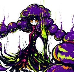 Rule 34 | 1girl, black lips, braid, colored skin, crimtrus, extra eyes, extra mouth, eyelashes, glowing, glowing hand, high collar, high contrast, jack-o&#039;-lantern, lipstick, long coat, looking at viewer, makeup, monster girl, no nose, noroshi, original, purple hair, solo, standing, white background, white skin