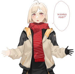 Rule 34 | 1girl, beige jacket, black gloves, black shirt, blonde hair, blush, english text, eyebrows hidden by hair, gloves, hair behind ear, highres, kuroi enpitsu, looking at viewer, open mouth, original, outstretched arms, red eyes, red scarf, scarf, shirt, short hair, single glove, solo, speech bubble, striped clothes, striped scarf
