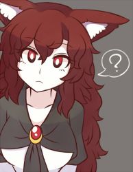 Rule 34 | 1girl, ?, animal ear fluff, animal ears, breasts, brooch, brown hair, collarbone, dress, eyelashes, grey background, hair between eyes, head tilt, imaizumi kagerou, jewelry, large breasts, long hair, looking at viewer, red eyes, simple background, solo, spoken question mark, touhou, upper body, white dress, wolf ears, wool (miwol)