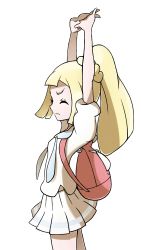 Rule 34 | 1girl, arched back, arms up, backpack, bag, blonde hair, braid, breasts, closed eyes, creatures (company), from side, game freak, highres, kisama (0213), lillie (pokemon), nintendo, own hands together, pleated skirt, pokemon, pokemon sm, pokemon usum, ponytail, red bag, shirt, short sleeves, simple background, skirt, small breasts, solo, standing, stretching, white background, white shirt, white skirt