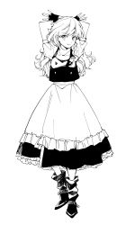 Rule 34 | 1girl, absurdres, apron, arms behind back, black dress, bow, braid, buttons, dress, frilled dress, frills, greyscale, highres, kirisame marisa, looking at viewer, medium hair, monochrome, natsume (menthol), puffy sleeves, shoes, short sleeves, side braid, solo, standing, touhou, waist apron, white bow