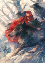Rule 34 | 1girl, animal, blonde hair, claws, day, fangs, forest, grass, highres, little red riding hood, long hair, nature, open mouth, original, outdoors, plant, red eyes, snow, solo, standing, tagme, tree, wolf, yoshioka (haco)