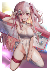 Rule 34 | 1girl, armpits, backpack, bag, bare arms, bare hips, barefoot, blood, blood on face, blush, bow, braid, breasts, clothes pull, collarbone, covered navel, fingernails, framed, fujisaki eru, girls&#039; frontline, groin, hair between eyes, hair bow, hair ornament, hairclip, hexagram, highleg, highleg swimsuit, highres, holding, holding strap, large breasts, long hair, looking at viewer, negev (girls&#039; frontline), negev (little drifter) (girls&#039; frontline), one-piece swimsuit, one-piece swimsuit pull, open mouth, partially visible vulva, pink eyes, pink hair, red bow, side-tie swimsuit, side ponytail, single thighhigh, smile, solo, squatting, star (symbol), star hair ornament, star of david, swimsuit, teeth, thigh strap, thighhighs, thighs, toenails, toes, upper teeth only, weapon bag, wet, wet clothes, wet swimsuit, white one-piece swimsuit, yandere
