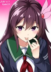 Rule 34 | 1girl, artist name, brown hair, commentary request, dated, gradient background, green sailor collar, hair between eyes, hair ornament, highres, kamelie, kantai collection, kisaragi (kancolle), kisaragi kai ni (kancolle), licking, licking finger, long hair, looking at viewer, neckerchief, one-hour drawing challenge, pink background, pinky out, purple eyes, red neckerchief, sailor collar, school uniform, serafuku, solo, upper body, white background