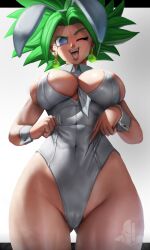 Rule 34 | 1girl, ;d, absurdres, animal ears, between breasts, blue eyes, breasts, cameltoe, chinese zodiac, covered navel, cowboy shot, detached collar, dragon ball, dragon ball super, earrings, elite nappa, fake animal ears, gluteal fold, green hair, highleg, highleg leotard, highres, jewelry, kefla (dragon ball), large breasts, leotard, looking at viewer, necktie, necktie between breasts, one eye closed, open mouth, playboy bunny, potara earrings, rabbit ears, shiny clothes, shiny skin, smile, solo, spiked hair, standing, super saiyan, tongue, tongue out, white leotard, white necktie, wrist cuffs, year of the rabbit