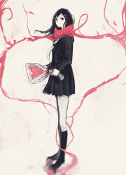 Rule 34 | 1girl, black footwear, black hair, black sailor collar, black serafuku, black skirt, black socks, bouquet, closed mouth, dissolving, enpera, floating hair, floating scarf, flower, full body, hair ornament, hairclip, highres, holding, holding bouquet, kagerou project, limited palette, liquid, long hair, looking at viewer, mekakucity actors, neckerchief, ozaki (sn ozk), paper texture, pink flower, pink scarf, pleated skirt, red eyes, red ribbon, ribbon, sailor collar, scarf, school uniform, serafuku, skirt, smile, socks, solo, standing, tateyama ayano, third-party source, turning head, white background, white neckerchief