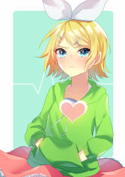 Rule 34 | 1girl, aryuma772, blonde hair, blue background, blue eyes, border, bow, casual, closed mouth, frown, green sweater, hair bow, hair ornament, hands in pocket, highres, hood, hooded sweater, kagamine rin, long sleeves, miniskirt, pink skirt, short hair, skirt, solo, sweater, swept bangs, vocaloid, white border, white bow, x hair ornament