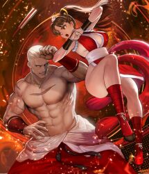 Rule 34 | 1boy, 1girl, abs, arm guards, ass, bare shoulders, blonde hair, blue eyes, breasts, brown eyes, brown hair, cleavage, commentary request, dougi, fatal fury, fighting, geese howard, hair slicked back, hakama, hakama skirt, high ponytail, japanese clothes, jewelry, large breasts, long hair, muscular, muscular male, necklace, ninja, okojo, pelvic curtain, ponytail, red hakama, revealing clothes, rope, scar, scar on chest, shiranui mai, short hair, sideboob, skirt, snk, the king of fighters, thighs, topless male