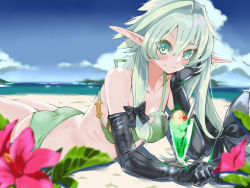Rule 34 | 1girl, ass, bare shoulders, beach, bikini, blaze (blazeillust), blush, breasts, cup, drinking glass, elbow gloves, elf, female focus, flower, gloves, goblin slayer!, green bikini, green eyes, green hair, high elf archer (goblin slayer!), highres, long hair, looking at viewer, lying, ocean, on stomach, outdoors, plant, pointy ears, shiny skin, small breasts, smile, solo, swimsuit, water