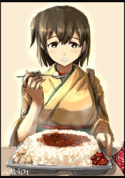 Rule 34 | 1girl, breasts, brown eyes, brown hair, commentary request, curry, curry rice, eating, food, highres, hiryuu (kancolle), japanese clothes, kantai collection, kimono, large breasts, looking at viewer, one-hour drawing challenge, one side up, rice, seitei (04seitei), short hair, side ponytail, solo, spoon, twitter username, yellow kimono