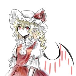 Rule 34 | curly hair, dress, flandre scarlet, frills, hat, hat ribbon, highres, looking at viewer, mob cap, necktie, pointy ears, puffy short sleeves, puffy sleeves, red dress, red eyes, red ribbon, red wings, ribbon, shirt, short sleeves, side ponytail, suna sen, touhou, white background, white shirt, wings
