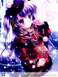 Rule 34 | &gt;:&lt;, 10s, 1girl, 2013, :&lt;, absurdres, blush, calendar, closed mouth, crying, fur trim, hair ribbon, hat, highres, long hair, mikeou, non-web source, one side up, plaid, plaid scarf, plaid skirt, purple eyes, purple hair, ribbon, scarf, side tails, skirt, snow, solo, v-shaped eyebrows