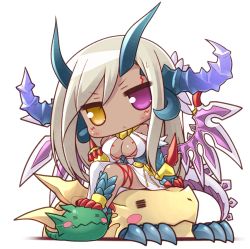 Rule 34 | &gt;:&lt;, 1girl, :&lt;, blush, breasts, claws, cleavage, closed mouth, dark-skinned female, dark skin, draggie (p&amp;d), dragon girl, dragon horns, dragon tail, dragon wings, facial mark, heterochromia, horns, light brown hair, long hair, purple eyes, puzzle &amp; dragons, ruton-niki, scales, simple background, sitting, solo, sonia gran, tail, v-shaped eyebrows, white background, wings, yellow eyes