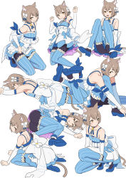 Rule 34 | 10s, 1boy, :3, :d, absurdres, animal ears, ankle ribbon, arm ribbon, arm support, armpits, arms up, bad id, bad pixiv id, bare shoulders, black legwear, blue bow, blue dress, blue footwear, blue legwear, blue neckwear, blue ribbon, bob cut, bolo tie, bow, brown hair, cat boy, cat ears, choker, clenched hands, closed mouth, clothes lift, collarbone, commentary request, cross-laced clothes, detached sleeves, dress, dress bow, dress lift, eyebrows, eyes visible through hair, felix argyle, frilled dress, frilled legwear, frills, front-tie top, full body, hair between eyes, hair bow, hair ribbon, highres, jewelry, jumping, knee up, kneeling, knees together feet apart, lace, lace-trimmed dress, lace trim, large bow, layered dress, leaning forward, leg ribbon, legs up, looking at viewer, looking to the side, lying, male focus, momosuke (ishakry), multiple views, on side, on stomach, open mouth, orange eyes, pantyhose, parted bangs, pendant, re:zero kara hajimeru isekai seikatsu, ribbon, seiza, shoes, short dress, short hair, shoulder blades, simple background, sitting, smile, spaghetti strap, squatting, striped clothes, striped dress, striped legwear, striped ribbon, thighhighs, thighhighs over pantyhose, toeless legwear, trap, upskirt, vertical-striped clothes, vertical-striped dress, vertical-striped legwear, white background, white bow, white dress