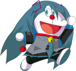 Rule 34 | &gt;:d, 1girl, :d, arm up, black pants, black skirt, blue eyes, blue hair, blue necktie, collared shirt, cosplay, creature, detached sleeves, doraemon, doraemon (character), full body, grey shirt, hatsune miku, hatsune miku (cosplay), long hair, looking at viewer, necktie, open mouth, pants, pleated skirt, running, shirt, short sleeves, simple background, skirt, smile, solo, tell196per, twintails, v-shaped eyebrows, very long hair, vocaloid, white background, wing collar