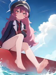 Rule 34 | 1girl, absurdres, bare legs, barefoot, black jacket, black panties, black shirt, blue archive, blue sky, blush, cloud, cloudy sky, collared shirt, day, feet, frown, full body, grey eyes, hair between eyes, halo, hat, highres, iroha (blue archive), jacket, legs, long hair, looking at viewer, military, military hat, military uniform, necktie, no pants, outdoors, panties, red hair, red necktie, shirt, sidelocks, sitting, sky, sleeves past fingers, sleeves past wrists, soles, solo, toenails, toes, underwear, uniform, water, youyueyue, youyueyuee