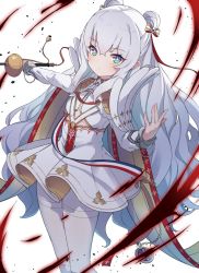 Rule 34 | + +, 1girl, azur lane, blue eyes, blush, bow, brown bow, closed mouth, commentary request, double bun, dress, hair between eyes, hair bow, hair bun, highres, holding, holding sword, holding weapon, le malin (azur lane), long hair, long sleeves, looking at viewer, nemeneko 6, pantyhose, pleated dress, pocket watch, rapier, short dress, sidelocks, silver hair, simple background, solo, striped, striped bow, sword, symbol-shaped pupils, very long hair, watch, weapon, white background, white dress, white pantyhose