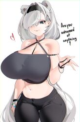 Rule 34 | 1girl, absurdres, alternate costume, animal ears, arknights, aurora (arknights), bare shoulders, bear ears, black hairband, black pants, blue eyes, breasts, closed mouth, collarbone, cowboy shot, crop top, ear piercing, english text, extra ears, grey hair, hairband, heart, highres, huge breasts, long hair, looking at viewer, navel, naxius noxy, pants, parted lips, piercing, simple background, skindentation, smile, solo, thigh gap, very long hair, white background, wristband