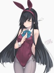 Rule 34 | 1girl, adapted costume, animal ears, arm behind back, black hair, cowboy shot, dated, detached collar, fake animal ears, grey background, grey pantyhose, hair over one eye, hayashimo (kancolle), kantai collection, leotard, long hair, pantyhose, playboy bunny, purple leotard, rabbit ears, rokuwata tomoe, simple background, solo, standing, twitter username, very long hair, wrist cuffs, yellow eyes