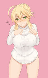 Rule 34 | 1girl, absurdres, ahoge, artoria pendragon (fate), artoria pendragon (lancer) (fate), blonde hair, blush, braid, braided bun, breasts, covered erect nipples, cowboy shot, fate/grand order, fate (series), flying sweatdrops, green eyes, hair between eyes, hair bun, hakutakuanta, hands on own chest, highres, large breasts, leaning forward, long hair, looking at viewer, naked sweater, nose blush, pink background, ribbed sweater, solo, sweatdrop, sweater, thighs, turtleneck, turtleneck sweater, white sweater