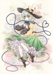 Rule 34 | 1girl, animal, black footwear, black hat, blouse, boots, bug, butterfly, closed mouth, corded phone, eyeball, feathers, floral print, flower, frilled sleeves, frills, green eyes, green hair, green skirt, hat, hat ribbon, heart, heart of string, insect, io (maryann blue), knife, koishi day, komeiji koishi, long sleeves, phone, pleated skirt, red ribbon, ribbon, rose, rose print, shirt, short hair, skirt, smile, snake, solo, spider, third eye, touhou, twitter username, wide sleeves, yellow shirt
