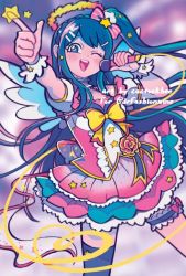 Rule 34 | 1girl, alternate costume, artist name, blue hair, blurry, blurry background, blush, bow, breasts, danganronpa: trigger happy havoc, danganronpa (series), frilled skirt, frills, green hair, hair bow, hair ornament, hairclip, halo, holding, holding microphone, idol, khee, large breasts, long hair, maizono sayaka, microphone, one eye closed, pink bow, pink skirt, pointing, pointing up, puffy short sleeves, puffy sleeves, short sleeves, skirt, solo, star (symbol), striped, striped bow, thighhighs, wrist cuffs