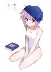 Rule 34 | 1girl, book, breasts, commentary, highres, image sample, midori (mido0021), nagato yuki, one-piece swimsuit, school swimsuit, short hair, simple background, small breasts, solo, suzumiya haruhi no yuuutsu, swimsuit, twitter sample, white background, white one-piece swimsuit