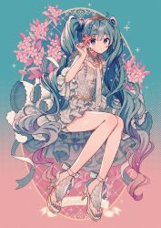 Rule 34 | 1girl, amagi hana, arm at side, bare legs, blue background, blue eyes, blue hair, blue nails, blush, closed mouth, commentary, detached collar, dot mouth, dot nose, dress, flower, frilled dress, frills, full body, gradient background, gradient hair, hair flower, hair ornament, halftone, hatsune miku, high heels, highres, knees together feet apart, layered dress, long hair, multicolored hair, nail polish, necktie, pink background, pink flower, pink hair, pleated dress, short dress, sidelocks, signature, simple background, solo, tiara, toenail polish, toenails, tucking hair, twintails, vocaloid, white dress, white footwear, white necktie