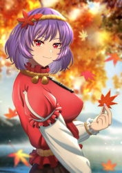 Rule 34 | 1girl, arm up, autumn leaves, blue sky, blurry, blurry background, blurry foreground, breasts, brown skirt, commentary request, day, from side, ginkgo leaf, hair ornament, highres, holding, holding leaf, large breasts, layered sleeves, leaf, leaf hair ornament, long sleeves, looking at viewer, maple leaf, mature female, murasaki tsutsuji, outdoors, puffy short sleeves, puffy sleeves, purple hair, red eyes, red shirt, rope belt, shirt, short hair, short sleeves, skirt, sky, smile, solo, standing, touhou, tree, upper body, white sleeves, yasaka kanako