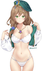 Rule 34 | 1girl, bare shoulders, bra, breasts, brown hair, cleavage, closed mouth, cowboy shot, cropped jacket, flower, genshin impact, green eyes, green hat, green jacket, hair flower, hair ornament, hands up, hat, highres, jacket, jewelry, kaxukin, lisa (a sobriquet under shade) (genshin impact), lisa (genshin impact), long hair, long sleeves, looking at viewer, medium breasts, multi-strapped panties, navel, necklace, off shoulder, official alternate costume, open clothes, open jacket, panties, simple background, smile, solo, stomach, string bra, string panties, thighs, underwear, vision (genshin impact), white background, white bra, white panties