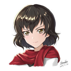 Rule 34 | 10s, 1girl, artist name, blouse, brown eyes, brown hair, caesar (girls und panzer), closed mouth, dated, girls und panzer, looking at viewer, medium hair, portrait, red scarf, scarf, shamakho, shirt, signature, simple background, smile, solo, white background, white shirt