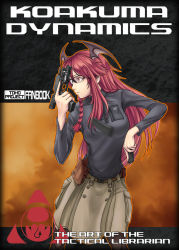 Rule 34 | 1girl, alternate costume, alternate hairstyle, asymmetrical hair, bat wings, belt, bespectacled, black pantyhose, blush, braid, breasts, buttons, cover, cover page, english text, flashlight, glasses, glock, gun, handgun, head wings, holster, koakuma, long hair, long sleeves, magazine (weapon), medium breasts, military operator, motion blur, pantyhose, pistol, pointy ears, red eyes, red hair, reloading, shoes, side braid, single braid, skirt, solo, sunaipu (age-zero), tactical light, touhou, trigger discipline, very long hair, weapon, wings, zipper