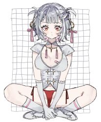 Rule 34 | 1girl, :|, blush, breasts, character request, cleavage, closed mouth, colored inner hair, copyright request, crossed ankles, dot nose, elbow gloves, expressionless, gloves, grey hair, hair intakes, hair ornament, highres, inu totemo, large breasts, long bangs, looking at viewer, multicolored hair, navel, orange eyes, panties, pink hair, red panties, shirt, shoes, short hair, short sleeves, side-tie panties, sidelocks, simple background, sitting, socks, solo, stomach, straight-on, thong, two-tone hair, two side up, underwear, white background, white footwear, white gloves, white shirt, white socks