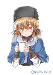 Rule 34 | 1girl, black bow, black gloves, black hat, blue shawl, bow, brown eyes, brown hair, cup, ebifurya, fingerless gloves, fur hat, gloves, hair between eyes, hair bow, hat, highres, hot chocolate, jacket, kantai collection, lips, long hair, looking at viewer, low twintails, mug, papakha, ribbon trim, scarf, shawl, simple background, smile, solo, star (symbol), steam, tashkent (kancolle), torn clothes, torn scarf, twintails, twitter username, upper body, white background, white jacket, white scarf