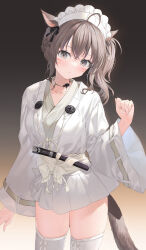 Rule 34 | 1girl, absurdres, ahoge, animal ears, brown hair, cat ears, cat tail, choker, cowboy shot, facial mark, final fantasy, final fantasy xiv, gradient background, grey eyes, highres, japanese clothes, kimono, kimono skirt, looking at viewer, maid headdress, medium hair, miqo&#039;te, pleated skirt, side ponytail, skirt, solo, tail, thighhighs, warrior of light (ff14), whisker markings, white thighhighs, yana mori