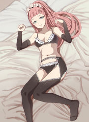 Rule 34 | 1girl, bed, bed sheet, black bra, black panties, black sleeves, black thighhighs, blue eyes, blush, bra, breasts, cleavage, detached sleeves, eyelashes, feet out of frame, felicia (fire emblem), female focus, fingernails, fire emblem, fire emblem fates, garter belt, garter straps, highres, lace trim, lingerie, long hair, looking at viewer, lying, maid, maid headdress, navel, nintendo, on back, on bed, panties, parted bangs, pink hair, ponytail, smile, solo, thighhighs, thighs, underwear, very long hair, white trim
