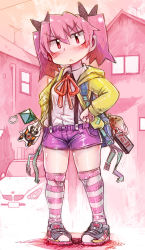 Rule 34 | 1girl, :&lt;, angry, blush, hade na kangofu, jacket, legs, original, pink eyes, pink hair, shoes, short hair, shorts, solo, striped clothes, striped thighhighs, suspenders, thighhighs, twintails