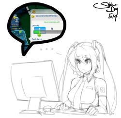Rule 34 | ..., 1girl, breasts, detached sleeves, eu03, hair ornament, hatsune miku, large breasts, long hair, monochrome, necktie, playing games, sim city, sketch, solo, tattoo, twintails, vocaloid
