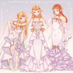 Rule 34 | 3girls, :d, ;d, bare legs, bare shoulders, blonde hair, blue eyes, bouquet, breasts, bridal gauntlets, brown hair, circlet, collarbone, commentary, dress, english commentary, english text, flower, frilled dress, frills, full body, gloves, grey background, hand on own hip, high heels, holding, holding bouquet, leaning forward, legs, long hair, looking at viewer, medium breasts, miri (cherryjelly), multiple girls, multiple persona, nintendo, off-shoulder dress, off shoulder, one eye closed, open mouth, parted bangs, pointy ears, princess zelda, see-through, shawl, sidelocks, simple background, small breasts, smile, standing, straight hair, super smash bros., the legend of zelda, the legend of zelda: a link between worlds, the legend of zelda: ocarina of time, the legend of zelda: twilight princess, thighs, tiara, wavy hair, wedding dress, white dress, white gloves, wink