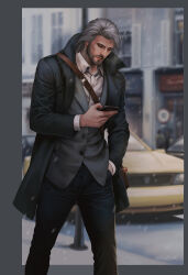 Rule 34 | 1boy, aenaluck, bag, black jacket, black pants, blurry, blurry background, facial hair, grey hair, grey vest, hand in pocket, highres, holding, holding phone, jacket, looking at phone, male focus, master (aenaluck), open clothes, open jacket, original, outdoors, pants, phone, shirt, short hair, shoulder bag, solo, vest, white shirt