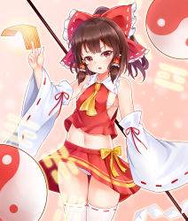 Rule 34 | 1girl, :o, arm ribbon, ascot, bare shoulders, black hair, blush, bow, bra, breasts, brown eyes, cowboy shot, crop top, detached sleeves, frilled bow, frilled shirt collar, frills, gohei, hair bow, hair tubes, hakurei reimu, half updo, hand up, highres, holding, long sleeves, looking at viewer, midriff, miniskirt, navel, ofuda, open mouth, panties, pantyshot, pink background, red bow, red skirt, ribbon, ribbon-trimmed bow, ribbon-trimmed collar, ribbon-trimmed legwear, ribbon-trimmed sleeves, ribbon trim, short hair, sidelocks, skirt, skirt set, small breasts, solo, standing, thighhighs, thighs, touhou, underwear, white bra, white panties, white thighhighs, wide sleeves, yangshangshu, yellow ascot, yellow bow, yin yang
