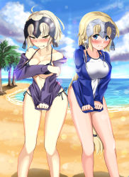 Rule 34 | 0-pie, 2girls, ahoge, angry, barefoot, beach, bikini, black bikini, blonde hair, blue eyes, blush, braid, breasts, cleavage, commentary request, covering privates, covering breasts, day, embarrassed, fate/grand order, fate (series), headpiece, highres, hood, hood down, hoodie, jeanne d&#039;arc (fate), jeanne d&#039;arc (ruler) (fate), jeanne d&#039;arc alter (avenger) (fate), jeanne d&#039;arc alter (fate), large breasts, long braid, long hair, multiple girls, ocean, one-piece swimsuit, open clothes, open hoodie, palm tree, pixiv fate/grand order contest 2, shirt tug, side-tie bikini bottom, silver hair, single braid, standing, swimsuit, swimsuit under clothes, thigh gap, tree, very long hair, wavy mouth, yellow eyes