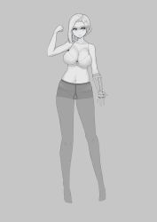 Rule 34 | 1girl, absurdres, bare arms, bare shoulders, breasts, cleavage, closed mouth, commentary, copyright request, english commentary, grey background, greyscale, hair bun, hair ornament, hairclip, hand up, highres, kion-kun, large breasts, long legs, mechanical arms, monochrome, navel, panties, panties under pantyhose, pantyhose, simple background, single hair bun, single mechanical arm, sketch, solo, standing, underwear