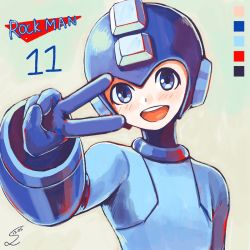 Rule 34 | 1boy, android, bad id, bad pixiv id, blue eyes, blue gloves, blush, capcom, character name, color guide, copyright name, dated, gloves, hand gesture, helmet, highres, male focus, open mouth, mega man (series), mega man (character), mega man (classic), mega man 11, signature, simple background, solo, sumomo, teeth, text focus, v