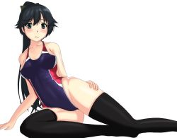 Rule 34 | 1girl, alternate costume, bare shoulders, black hair, black thighhighs, blush, competition swimsuit, embarrassed, foot out of frame, green ribbon, hair ribbon, highres, houshou (kancolle), kantai collection, kinakomochi (testament05), long hair, looking at viewer, one-piece swimsuit, ponytail, ribbon, simple background, solo, swimsuit, thighhighs, white background